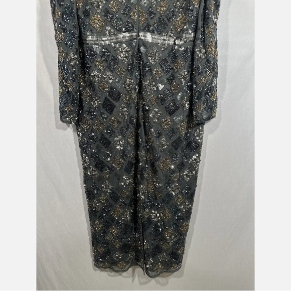 NWT‎ $498 Mac Duggal [ 16 ] Geo Embellished Midi Sheath Dress Charcoal Grey - Picture 13 of 14
